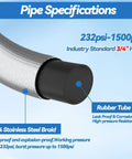 Garden hose with stainless steel braided exterior and rubber core; side view, 5 ft long, 5/8 in ID, heavy-duty no-kink.