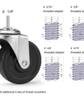Heavy Duty Three Inch Caster Wheels Set Of Four Universal Threaded Stem with four threaded adapters for various sizes.