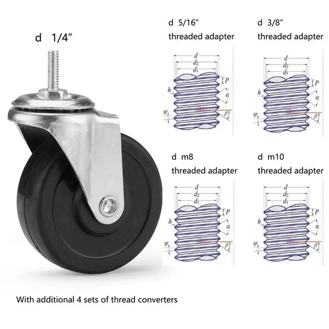 Heavy Duty Three Inch Caster Wheels Set Of Four Universal Threaded Stem with four threaded adapters for various sizes.
