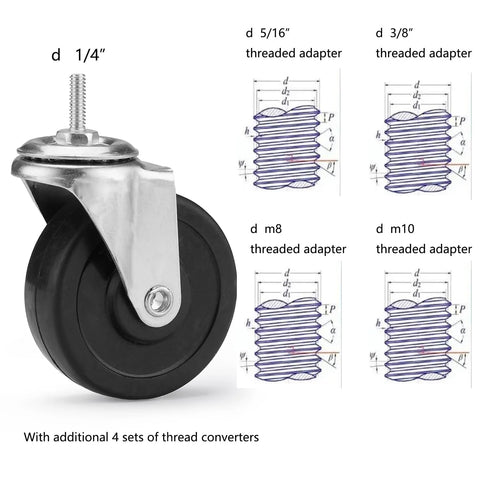 Three Inch Wire Shelf Casters Set Of Four With Threaded Stems M8 And M10 For Wire Shelving Heavy Duty Steel Housing