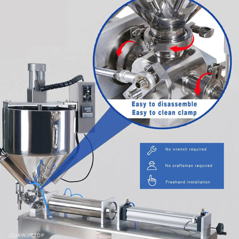 Detail showing easy disassembly feature of Heavy Duty Pneumatic Liquid Paste Filling Machine With Heated Stirred Tank.