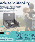 OmniBoost Travel Booster Seat With Tray for Baby On The Go, showing folding mechanism and secure safety harness.