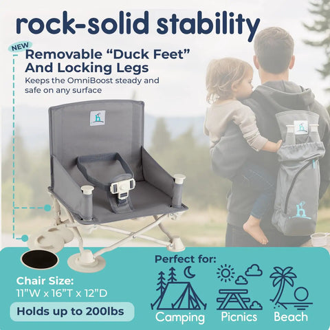 OmniBoost Travel Booster Seat With Tray for Baby On The Go, showing folding mechanism and secure safety harness.