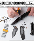 Using a screwdriver to install KickAss T6 Torx Pocket Clip Screws For Folding Knives Black Oxide Finish on a folding knife.