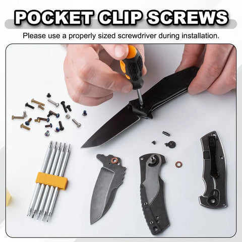Using a screwdriver to install KickAss T6 Torx Pocket Clip Screws For Folding Knives Black Oxide Finish on a folding knife.