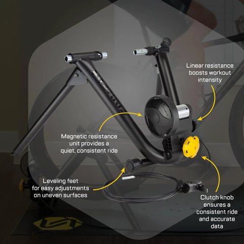 Magnetic Plus Indoor Bike Trainer With Wheel On Setup And Quiet Fluid Resistance for realistic rides in a home gym setting.