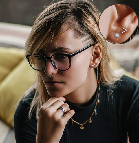 18 Pairs Tiny Cartilage Stud Earrings For Women And Men, Star Moon Heart Disc Ball CZ, Flat Back Screw Back Earrings, Stainless Steel Geometric Barbell Piercing Set, Silvery Finish, Everyday Sparkle For All Ear Piercings on woman wearing triangle and pearl studs