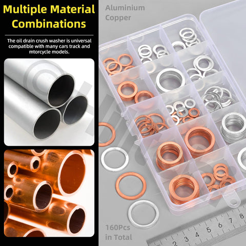 Oil Drain Plug Gasket And Washer Set 160Pcs In 16 Sizes M6 to M20, aluminum and copper flat washers in organizer box