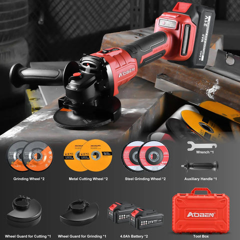AOBEN cordless 4-1/2 in angle grinder kit with 21V, two 4.0Ah batteries, and red tool case