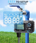 Programmable Garden Hose Water Timer with Rain Delay on outdoor faucet, digital display, and control dial, easy setup instructions