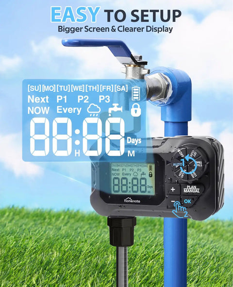 Programmable Garden Hose Water Timer with Rain Delay on outdoor faucet, digital display, and control dial, easy setup instructions