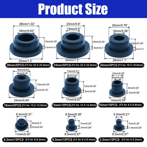 85 Piece Silicone Stoppers Kit Black Rubber Hole Plugs For Round Ties Sealing Waterproof Tub Covers Flexible Grommets Assortment Variety Pack size chart showing 26mm to 5.3mm plugs