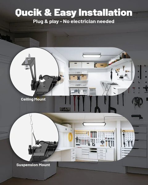 Four Pack Linkable LED Shop Lights With Built In Outlet 100W 15000LM Aluminum Garage Lighting installed in workshop ceilings