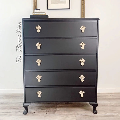 Chalk Mineral Furniture Paint Matte Black Caviar 16oz on wooden dresser with ornate knobs, rich matte finish achieved, durable coverage.