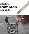 Image of titanium alloy seatpost bolt for Brompton folding bike, shown with a folded bicycle on a pavement background, labeled as suitable for Brompton.