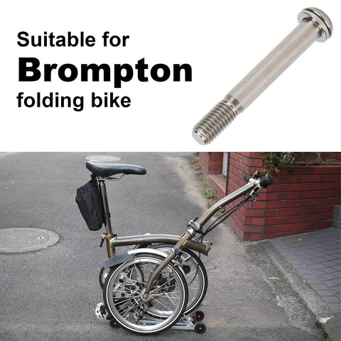 Image of titanium alloy seatpost bolt for Brompton folding bike, shown with a folded bicycle on a pavement background, labeled as suitable for Brompton.