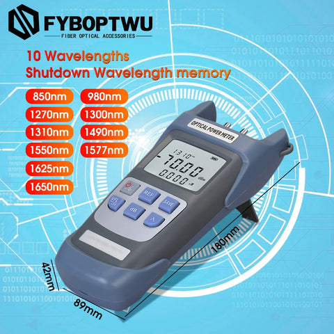 FYBOPTWU 3-in-1 fiber optic tester with optical power meter and VFL, blue handheld unit with LCD display