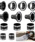 Magnetic Dust Collection Fittings For Woodworking Shops With Quick Hose Connectors Two Pack Mag Port Adapters And Five Piece Four Inch And Two Point Five Inch Couplers For Easy Hose To Drum Setup shown in detailed view with connectors and attached hose.