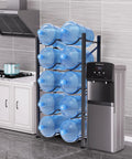Heavy Duty 5 Gallon Water Jug Rack No Nonsense Detachable 5 Tier Double Row Stand holding 10 bottles in kitchen