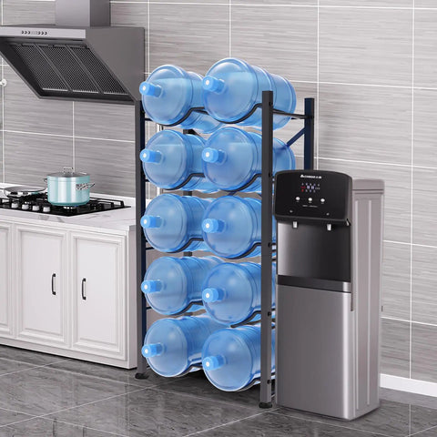 Heavy Duty 5 Gallon Water Jug Rack No Nonsense Detachable 5 Tier Double Row Stand holding 10 bottles in kitchen