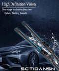 Badass Slick Streak Free Windshield Wiper Blades Front Rear Set For All Season Driving With Easy Peasy Install And Hella Tough Natural Rubber That Gives You Smooth Sightlines Every Single Time You Hit The Road installed on a car with a sleek design in rain.