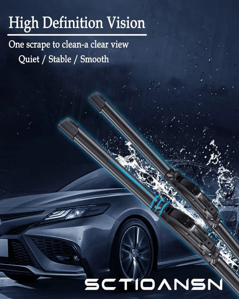 Badass Slick Streak Free Windshield Wiper Blades Front Rear Set For All Season Driving With Easy Peasy Install And Hella Tough Natural Rubber That Gives You Smooth Sightlines Every Single Time You Hit The Road installed on a car with a sleek design in rain.