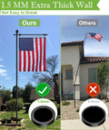 Comparison of 10Ft Garden Flag Pole Stand With 5 Prong Base for 3x5 American Flags, showing thick 1.5mm wall vs thinner pole
