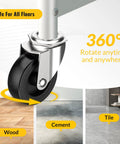 3 Inch No Brake Swivel Caster Wheels Four Pack With One Half Inch Thirteen UNC Threaded Stem One And One Half Inch Long Beefy Heavy Duty Steel Casters Black Six Hundred Pound Capacity For Dolly Cart Workbench Mobility illustration showing 360-degree rotation and safe floor types.