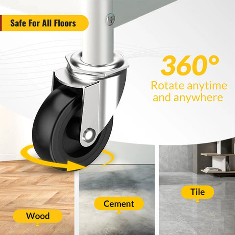 3 Inch No Brake Swivel Caster Wheels Four Pack With One Half Inch Thirteen UNC Threaded Stem One And One Half Inch Long Beefy Heavy Duty Steel Casters Black Six Hundred Pound Capacity For Dolly Cart Workbench Mobility illustration showing 360-degree rotation and safe floor types.