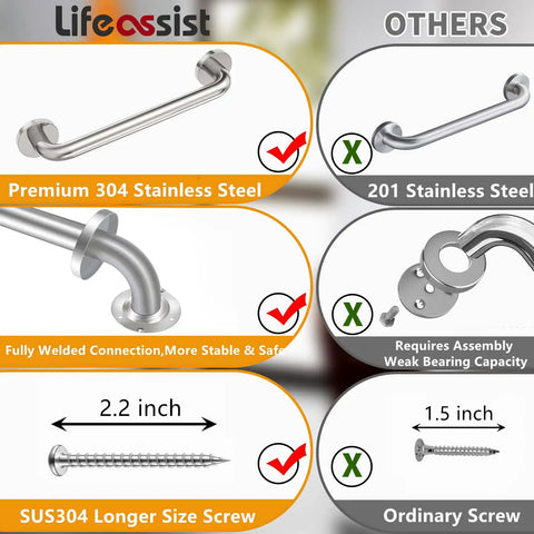 Comparison between Two Pack Bathroom Grab Bars 16 Inch Brushed Nickel 304 Stainless Steel Safety Assist Handicap Grab Bar For Showers And Tubs Heavy Duty 500 Lb Support Easy Install Ideal Gift For Seniors And Disabled and others, highlighting material quality and screw size.