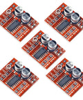 Five Dual H Bridge DC Stepper Driver Module 1.5A Per Channel for motors and robotics projects, red circuit boards with capacitors