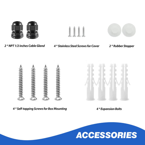 Accessories for waterproof electrical junction box with 10 reserved holes; includes screws, cable gland, rubber stoppers, expansion bolts.