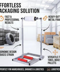 Hella Adjustable Tire Wrap Dispenser Stand For Car And Truck Wheels With Dual Roller Base Smooth Rotating Platform in a warehouse setting.