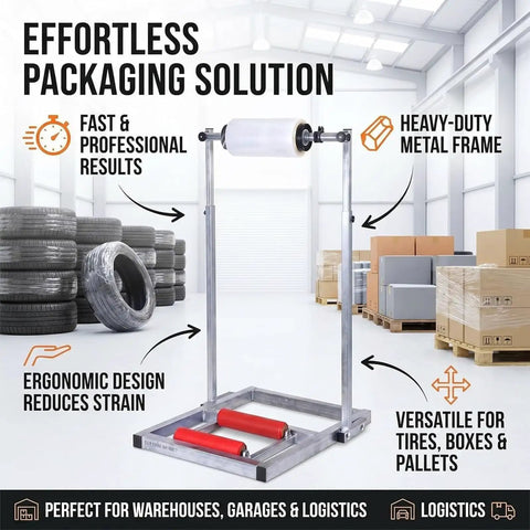 Hella Adjustable Tire Wrap Dispenser Stand For Car And Truck Wheels With Dual Roller Base Smooth Rotating Platform in a warehouse setting.