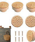 Six Piece Boho Rattan Wood Dresser Knob Set For Cabinets And Drawers Natural Finish Durable 1.57 Inch Diameter And 1.18 Inch Height Fits 16 To 19mm Door Panels Adds Warm Modern Country Chic Look No Sweat Install. six rattan wood cabinet knobs, natural finish, with screws