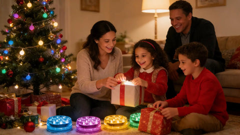 Family gathered by Christmas tree with Cool Submersible LED Pool Lights Kit With Remote, 13 LED Waterproof Color Changing Underwater Lights visible.