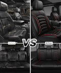 Before and after comparison of 3D Foam PU Leather Car Seat Covers Universal Full Set for Trucks SUVs and Sedans Waterproof Breathable and Easy to Clean Airbag Compatible with Diamond Stitching Black Red.