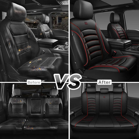 Before and after comparison of 3D Foam PU Leather Car Seat Covers Universal Full Set for Trucks SUVs and Sedans Waterproof Breathable and Easy to Clean Airbag Compatible with Diamond Stitching Black Red.