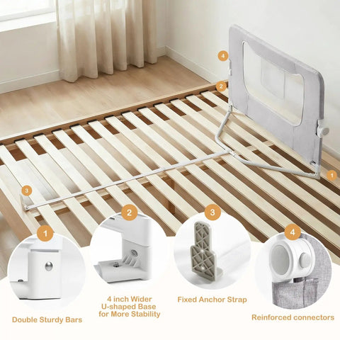 Foldable Bed Rail for Toddlers Swing Down 71 Inch Bed Guard with stable base on wood bed frame