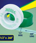 Green PTFE Thread Seal Tape For Oxygen Lines Pro Grade High Density Leak Proof Non Toxic Half Inch By 260 Inch Roll For Gas Plumbing Water And Chemical Piping Systems, showing roll dimensions.