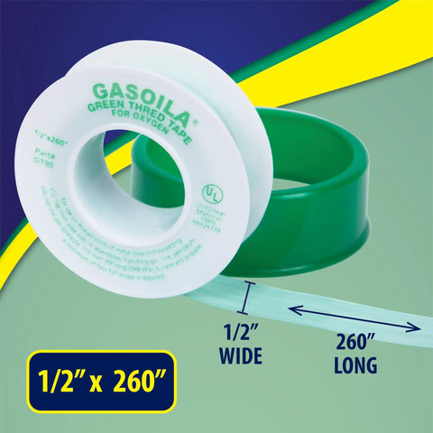 Green PTFE Thread Seal Tape For Oxygen Lines Pro Grade High Density Leak Proof Non Toxic Half Inch By 260 Inch Roll For Gas Plumbing Water And Chemical Piping Systems, showing roll dimensions.