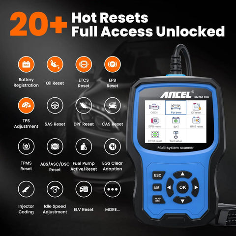 BM700 Pro BMW Scanner With Auto VIN And Battery Registration Tool, OBD2 diagnostic tool displaying reset functions on screen