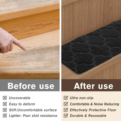 Comparison of worn wooden step and step with Non Slip Stair Tread Carpet Set Of 15 For Wooden Steps Indoor Outdoor 8x30 Dark Grey With Easy Peel And Stick Bottom No Nails Or Glue Needed Safe Grippy Treads For High Traffic Stairs applied, highlighting improved grip and safety benefits.