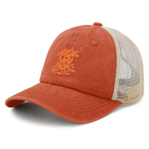 Look Cool Trucker Hat For Men And Women Funny Humor Cap with "Made You Look" text, breathable saffron mesh design
