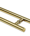 Grab These Super Tough Eighteen Inch Heavy Duty Push Pull Door Handles Made From Commercial Grade Stainless Steel Featuring Solid Standoffs And A Killer PVD Polished Gold Finish Ideal For Barn Doors Glass Doors And More With Chamfered Edges. 18-inch gold stainless steel door pull pair with standoffs