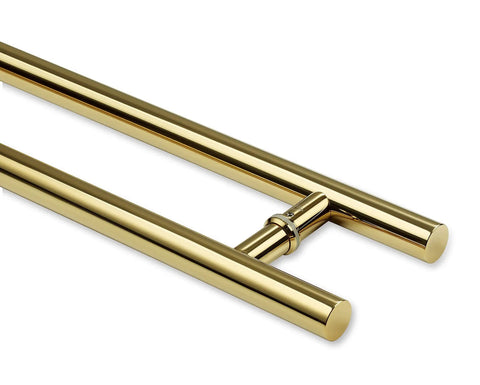 Grab These Super Tough Eighteen Inch Heavy Duty Push Pull Door Handles Made From Commercial Grade Stainless Steel Featuring Solid Standoffs And A Killer PVD Polished Gold Finish Ideal For Barn Doors Glass Doors And More With Chamfered Edges. 18-inch gold stainless steel door pull pair with standoffs