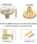 Dimensions of 4 Pack Round Gold Cabinet Knobs for Kitchen and Dresser Drawers with abstract fluid art style top.