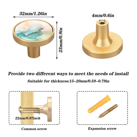 Dimensions of 4 Pack Round Gold Cabinet Knobs for Kitchen and Dresser Drawers with abstract fluid art style top.