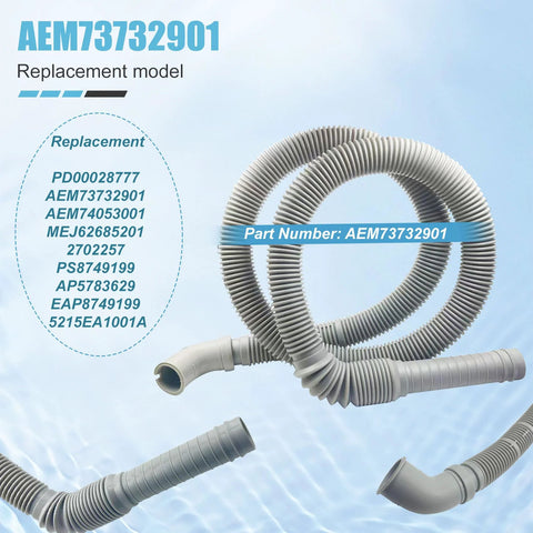 Washer drain hose, gray corrugated plastic, replacement part AEM73732901 for LG/Kenmore washers.