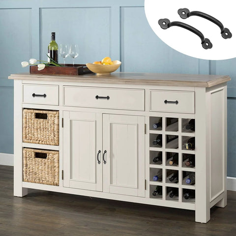 Cabinet with installed 12 Pack Rustic Barn Door Handles Set 4 Inch Length Hole To Hole 3.2 Inches Metal Gate Pull Handles in black.
